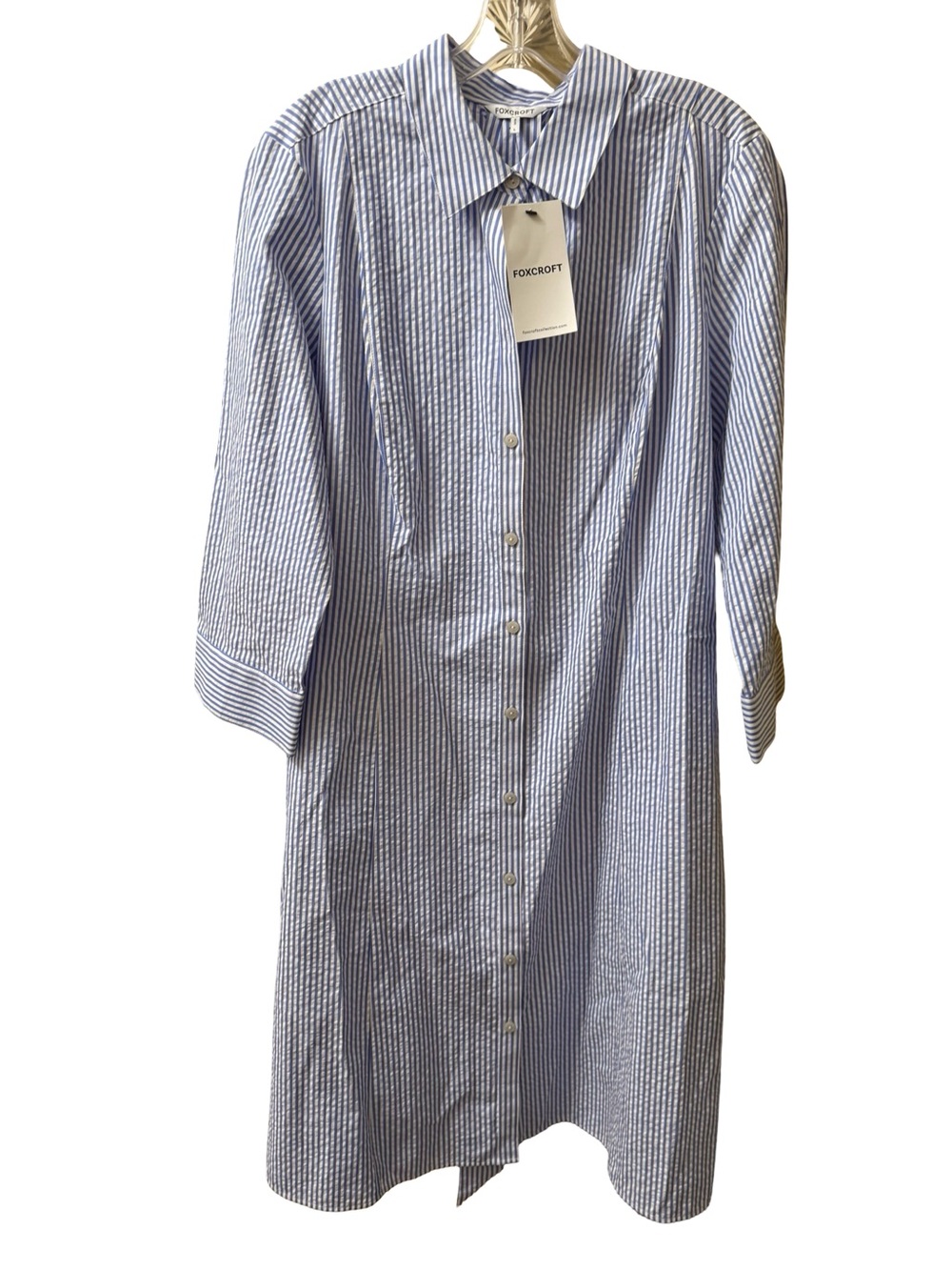 Foxcroft Fiona Blue White Stripe Seersucker Shirt Dress L NWT - Picture 7 of 8